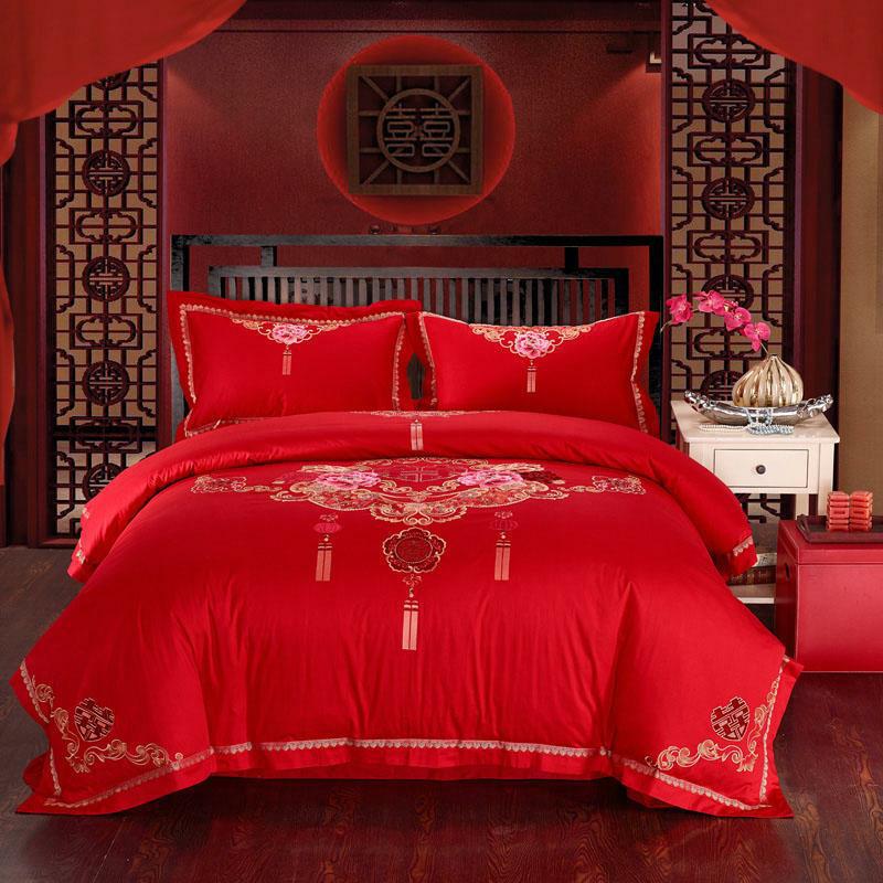 婚庆四件套全棉贡缎刺绣 床单床盖结婚纯棉床上用品四件套大红