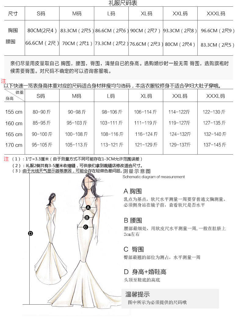 最新礼服尺码表