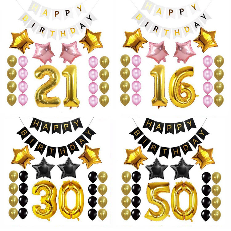 16 years old 21 years old 30 years old adult birthday party decoration balloon bronzing birthday flag Black gold balloon package