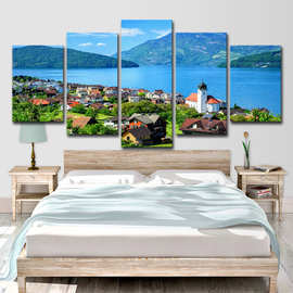 跨境速卖通、Aliexpress5板墙艺术 瑞士卢塞恩湖风景家居装饰