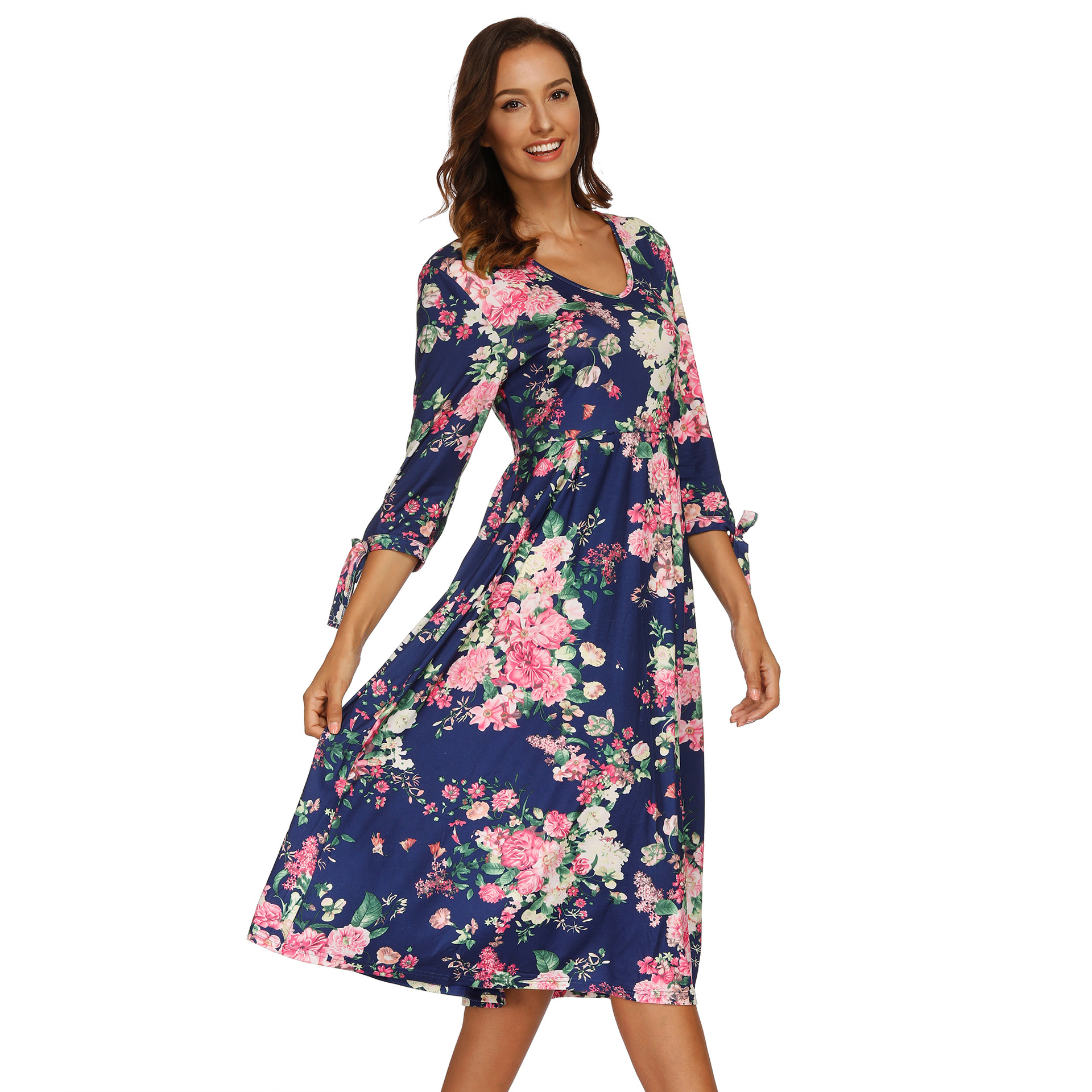 Floral Print Maxi Dress V Neck Three Quarter Sleeve Autumn Winter Style Wholesale Womens Fashion Dress