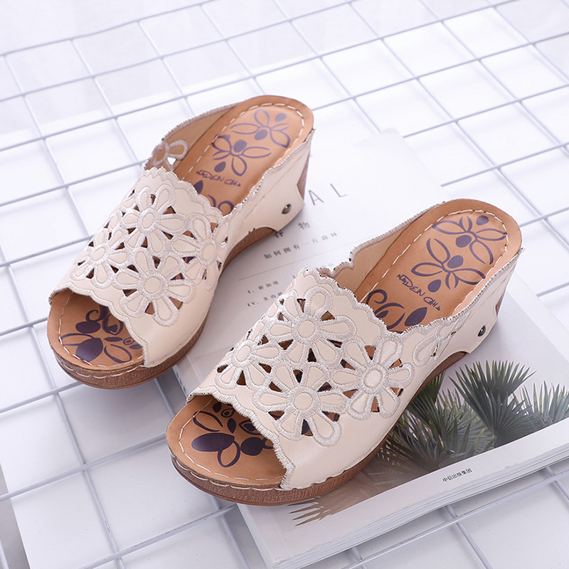 summer new pattern sandals  Large With slope Cross border Embroidery Hollow Flower Korean Edition Retro leisure time