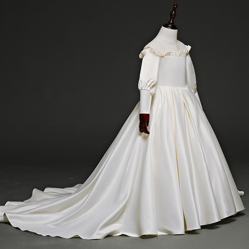 儿童礼服2024新款缎面长袖拖尾公主裙模特女童走秀演出服儿童婚纱