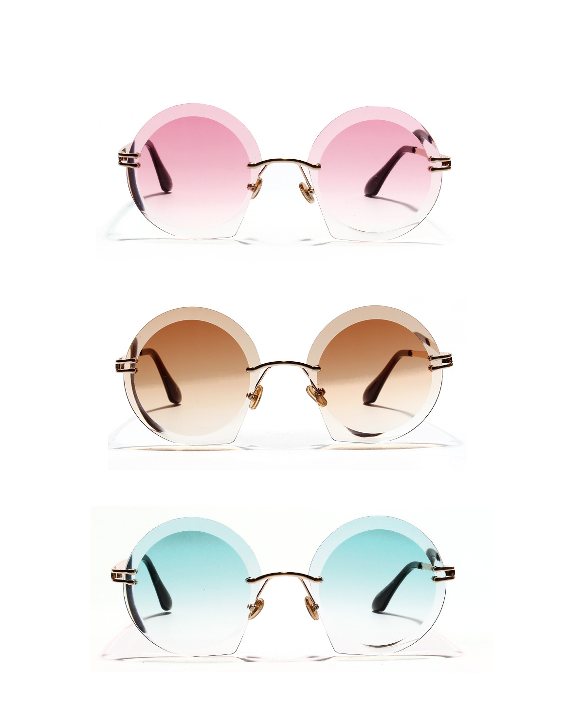 A18907 Runde, Randlose Sonnenbrille, Diamant Schliff Brille, Metall Brille display picture 1