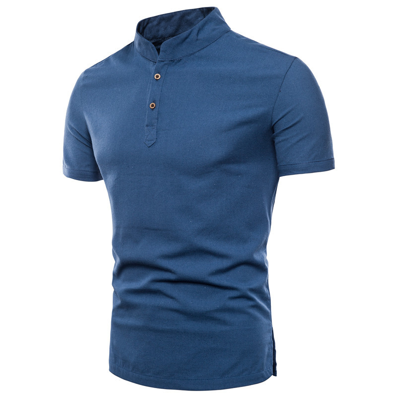 Men's Solid Color Cotton And Linen Stand Collar Casual T-shirt