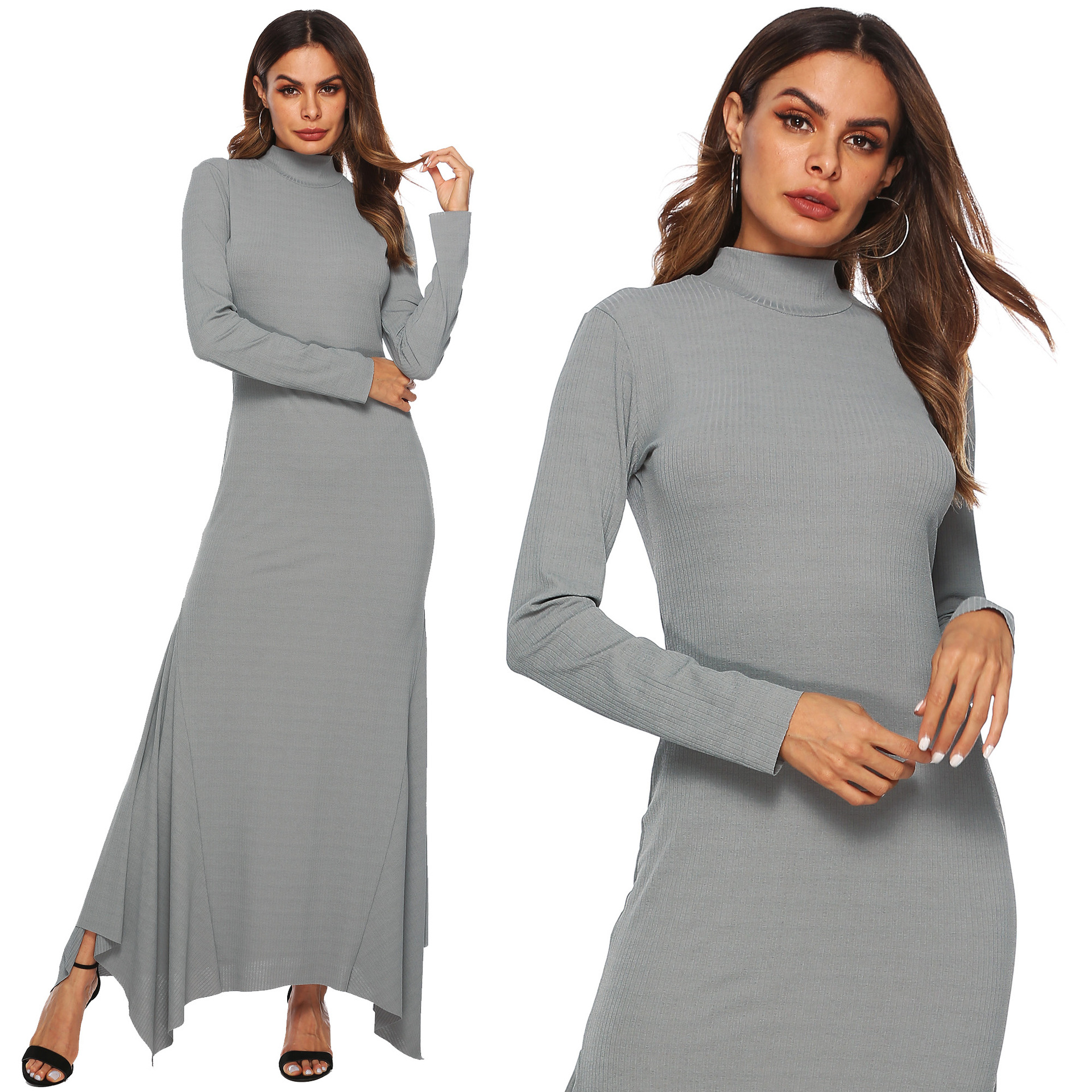 High Stretch Ribbed Turtleneck Fishtail Maxi Dress Slim Fit Asymmetrical Hem Elegant Style Wholesale Available