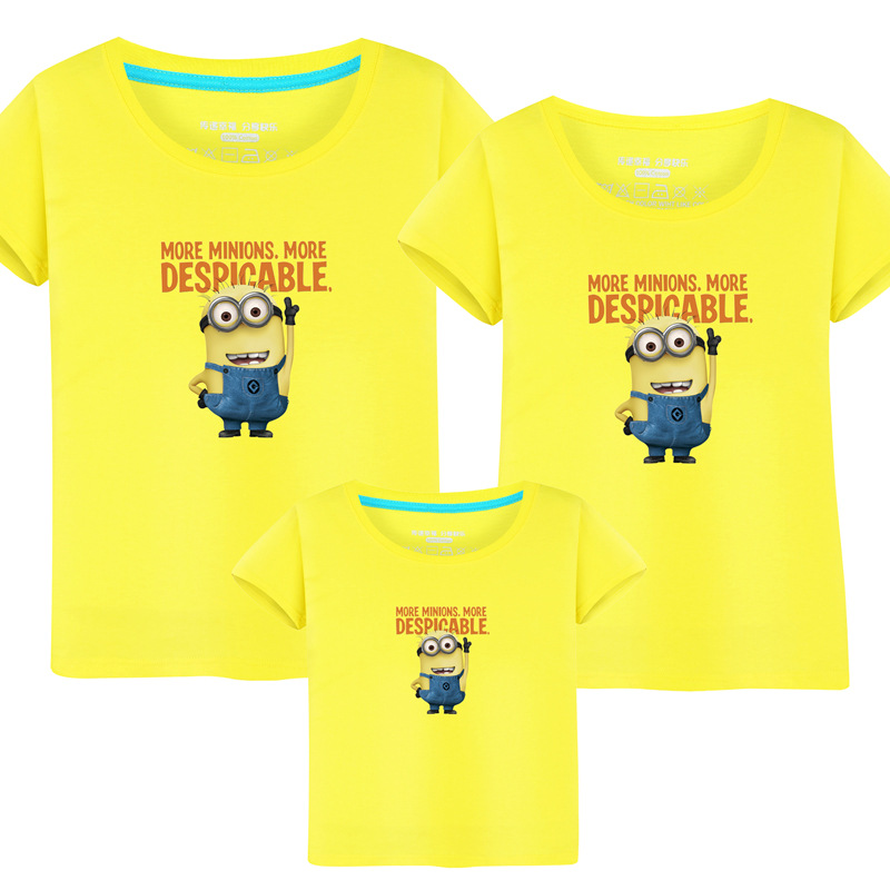 批发夏装纯棉圆领亲子装一家三口家庭装母子短袖t恤衫卡通小黄人|ms