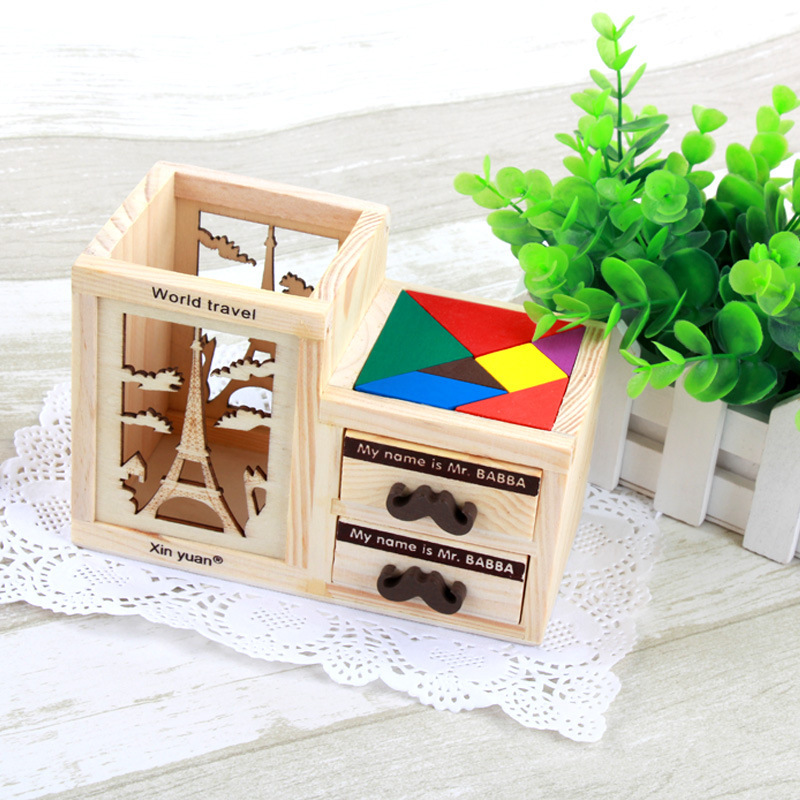 Triple woodiness lovely pen container originality multi-function Leave a message Tangram to work in an office Supplies Toys