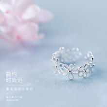 S925银戒指女韩版小清新镂空五瓣花指环气质甜美花朵戒指女J4956