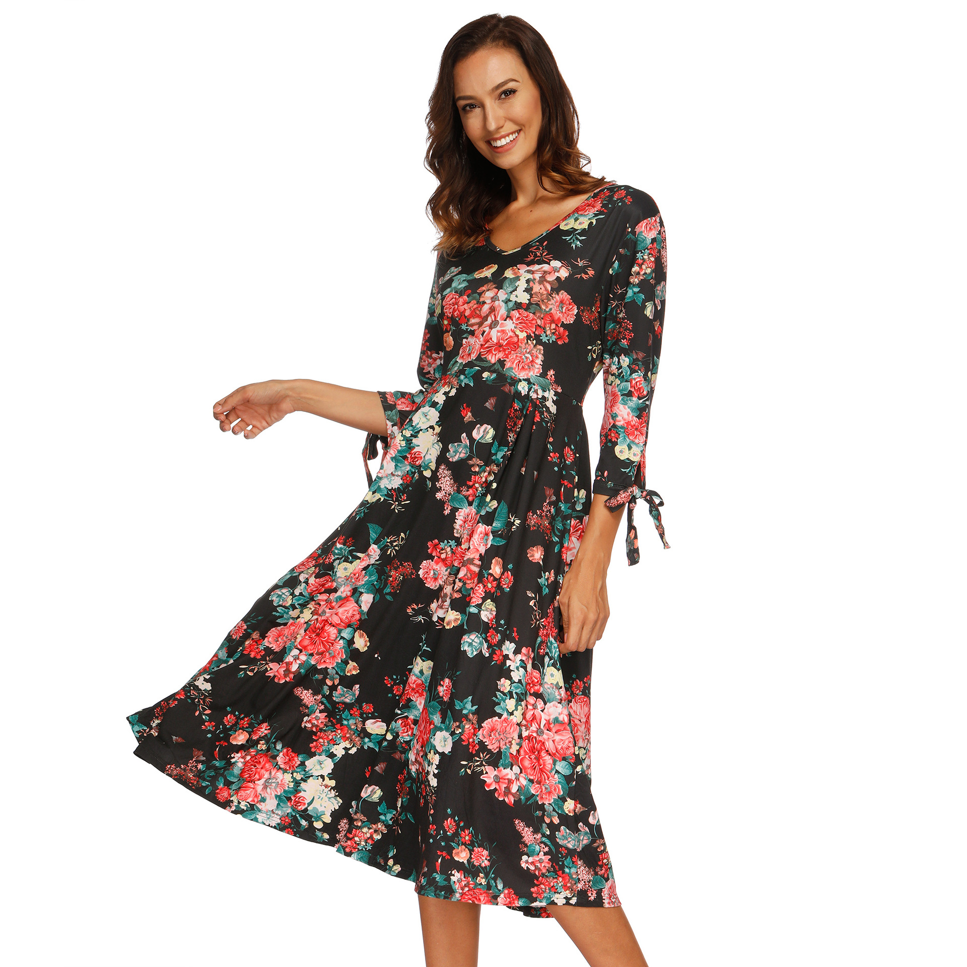 Autumn and winter new V-neck flower print big swing dress NSOY28478