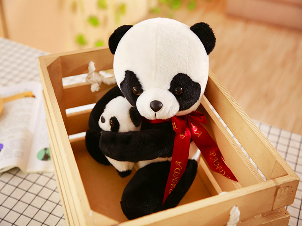 毛绒玩具熊猫公仔,熊猫抱抱熊,丝带亲子熊猫