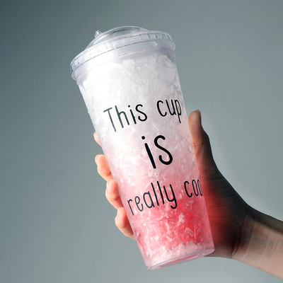 夏日冰杯吸管杯塑料水杯凝胶碎冰学生双层制冷带吸管推盖冰酷杯