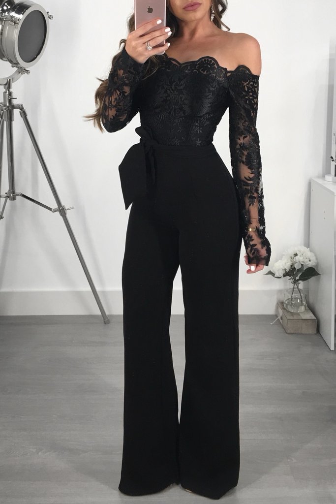 Casual Water-Soluble Lace One-Line Collar Wide-Leg Jumpsuit NSOSM65276