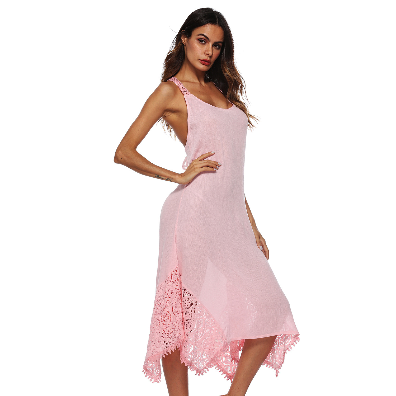 Backless Lace Trimmed Maxi Dress Crossed Straps Irregular Hem Elegant Design Perfect for Evening Events Wholesale