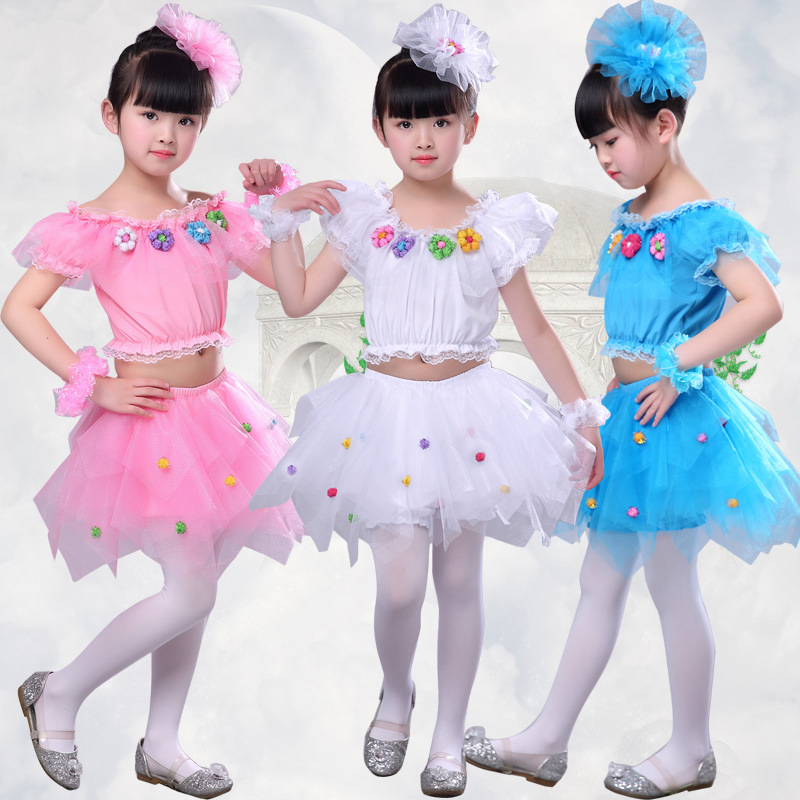 六壹女童爵士舞服裝夏小女孩現代舞露臍蓬蓬紗裙2018公主表演服新