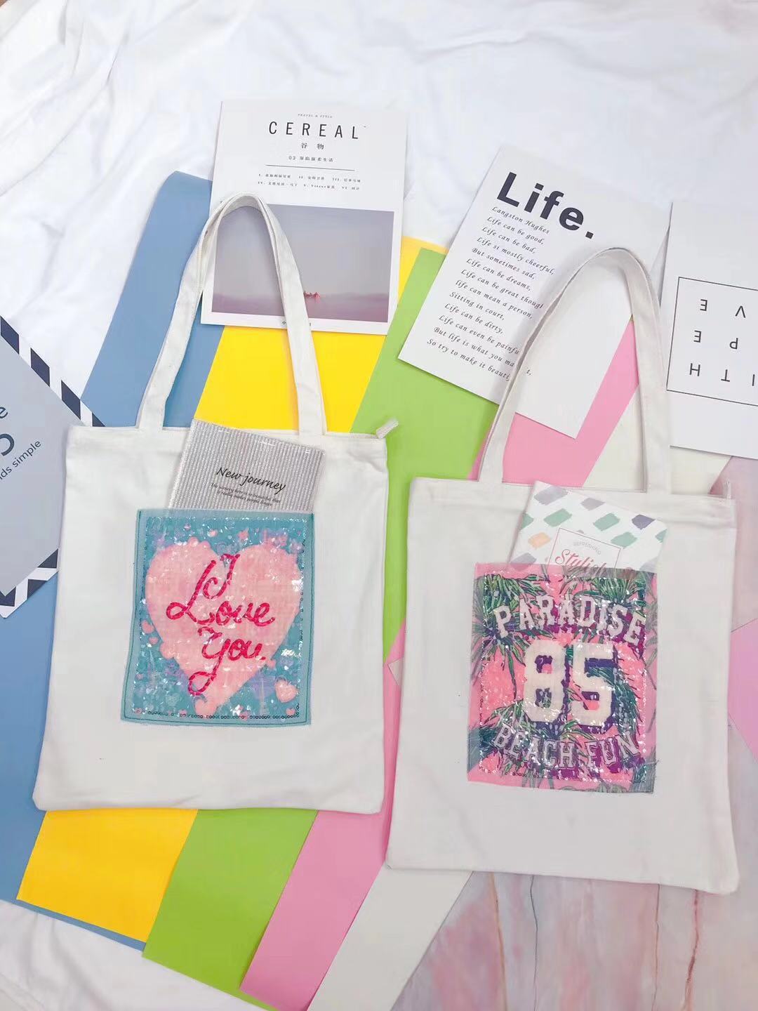 原创新款ins亮片纯棉外口袋帆布包 时尚潮流购物收纳袋厂家批发|ru