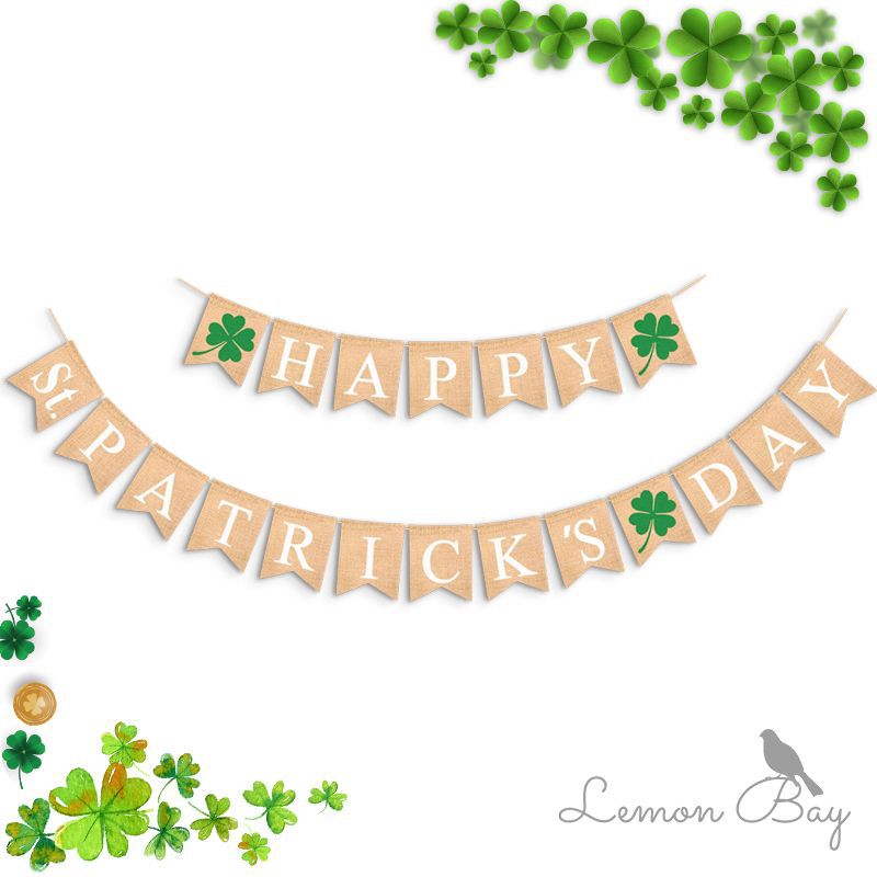 HappyST.PATRICK’S DAY 圣帕特里克爱尔兰节装饰麻布拉旗派对横幅