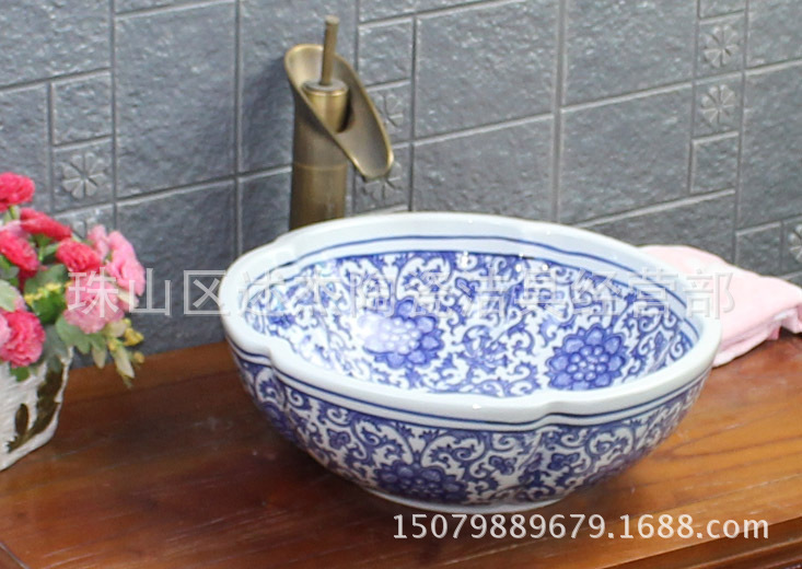 【厂家直销】景德镇陶瓷艺术台上洗脸盆述杰卫浴花瓣形可i月洗手