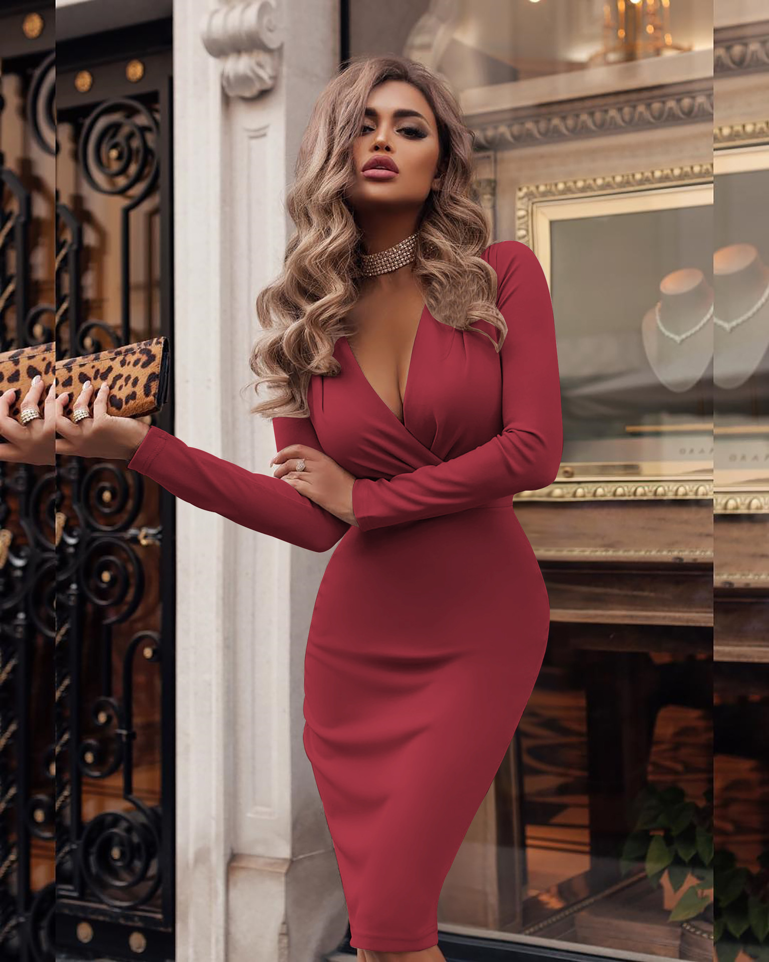 Autumn Season Wholesale Women'S Elegant Pleated Solid Color Banquet V Neck Long Sleeve Pencil Skirt