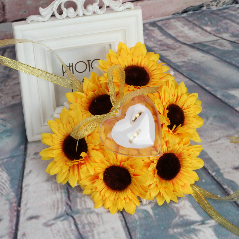 婚庆用品批发 西式田园风仿真太阳花戒枕向日葵5层布花戒指盒戒枕