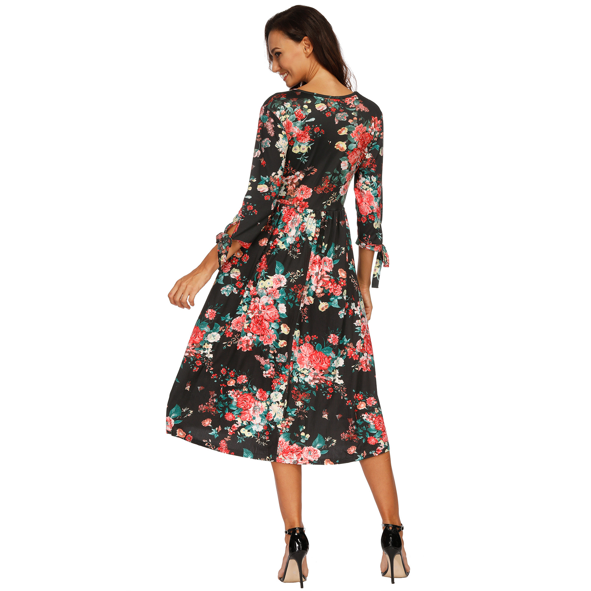 Floral Print Maxi Dress V Neck Three Quarter Sleeve Autumn Winter Style Wholesale Womens Fashion Dress
