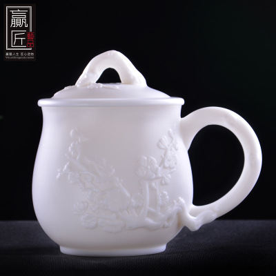 赢匠德化白瓷办公室水杯泡茶杯子马克杯带盖个人杯会议品名杯陶瓷|ru