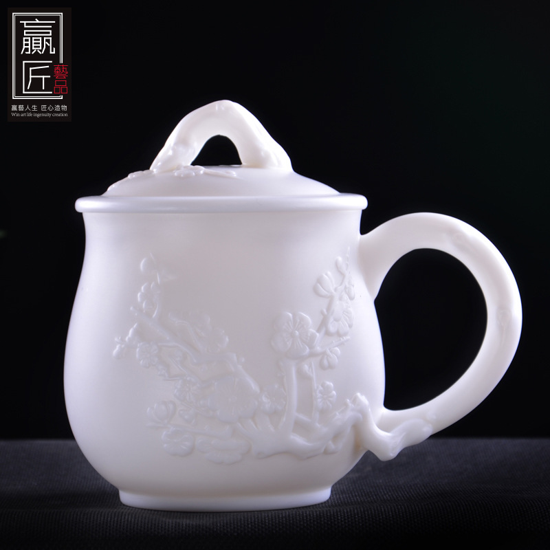 赢匠德化白瓷办公室水杯泡茶杯子马克杯带盖个人杯会议品名杯陶瓷|ru