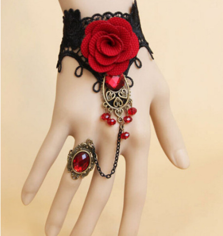 Wholesale Women's Bracelets, European and American Retro Red Rose Metal Flower Vine Crystal Lolita Style Lace Bracelets