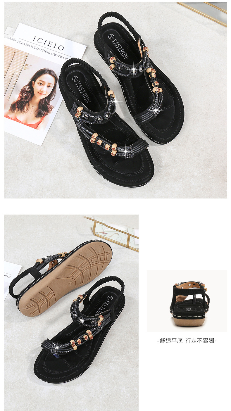 Plus-size women's shoes, Bohemian sandals, retro rhinestone beaded sandals, round-toed flat sandals, and cowhide soft-soled shoes undefined