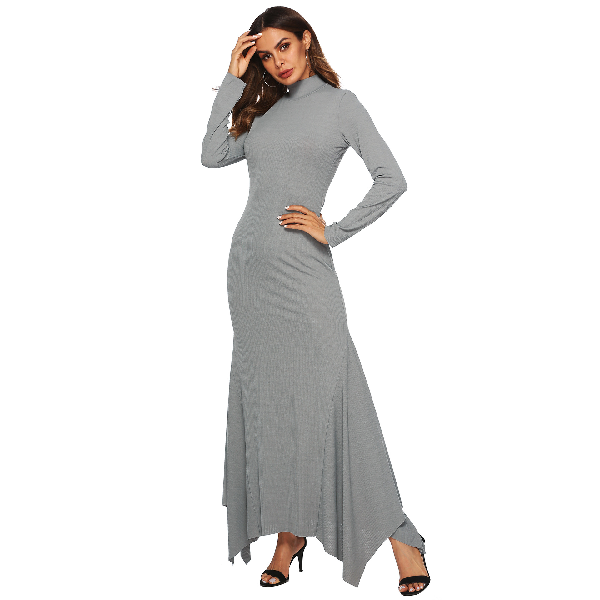 high elastic ribbed turtleneck irregular dress  NSOY45981