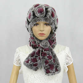 厂家批发獭兔玫瑰花帽和一花围巾套装女士生产獭兔围巾帽子二件套
