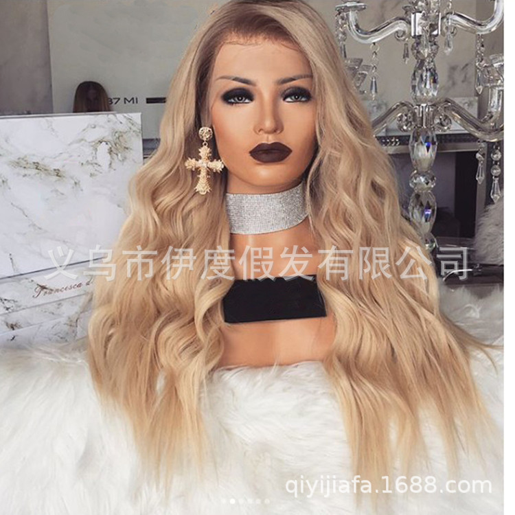 Selling Europe and America Wig golden Middle score Long curly hair new pattern Fiber High temperature wire Headgear wholesale