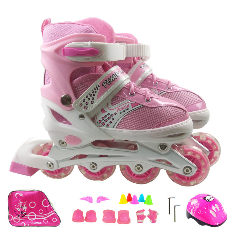 壹件代發全閃光輪男女兒童輪滑溜冰鞋套裝護膝耐磨透氣旱冰鞋初學