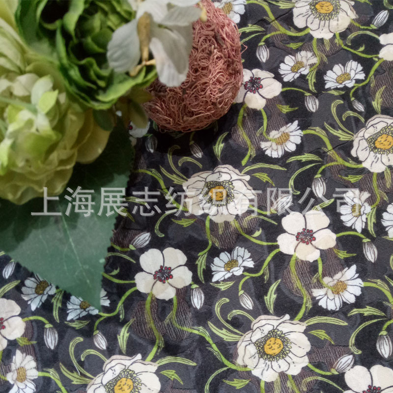 上海展志秋冬羊毛真丝人棉印花植物白色花朵图案面料无现货需定制|ru