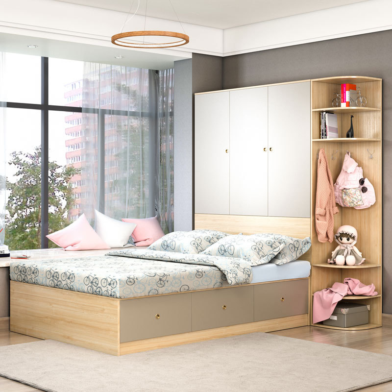 Nordic solid wood Tatami bedroom 1.8 Master Bedroom Double combination Wood color High-capacity Lockers