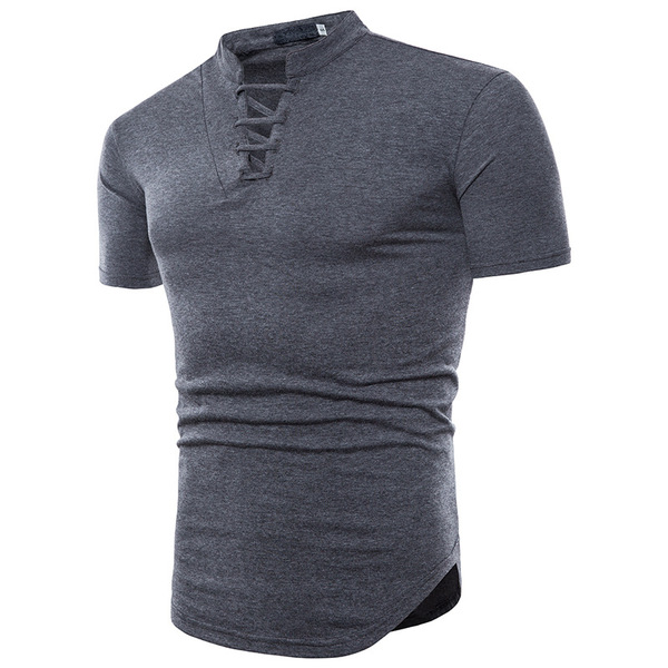 pure color V-necktie strapping design men’s short sleeve T-shirt  