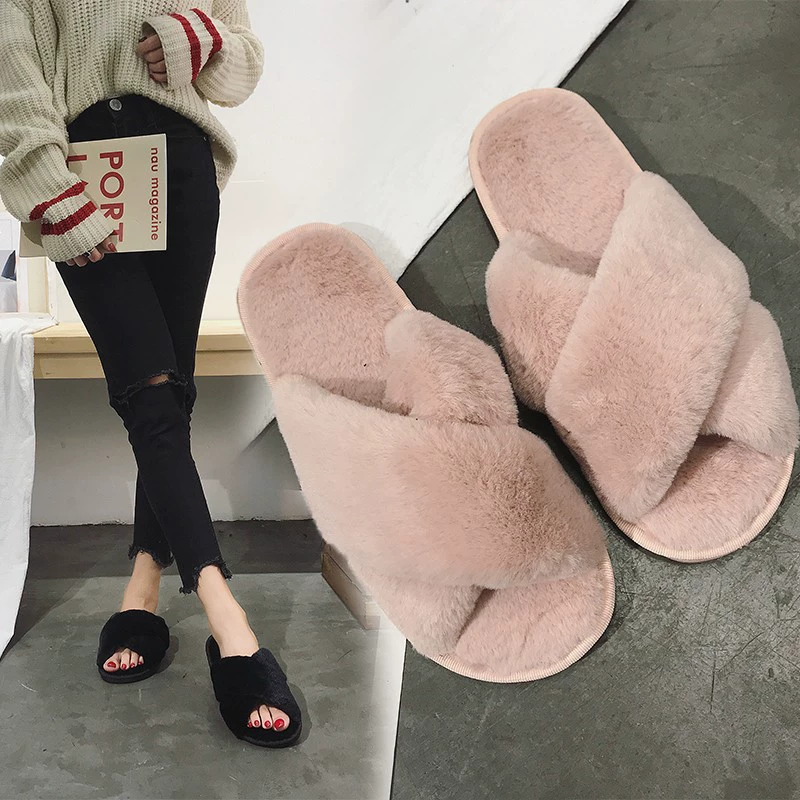Осенне-зимняя плюшевая Мода Домашняя верхняя одежда с открытым носком, плюшевые тапочки, женские модные хлопковые тапочки на плоской подошве, теплая женская обувь