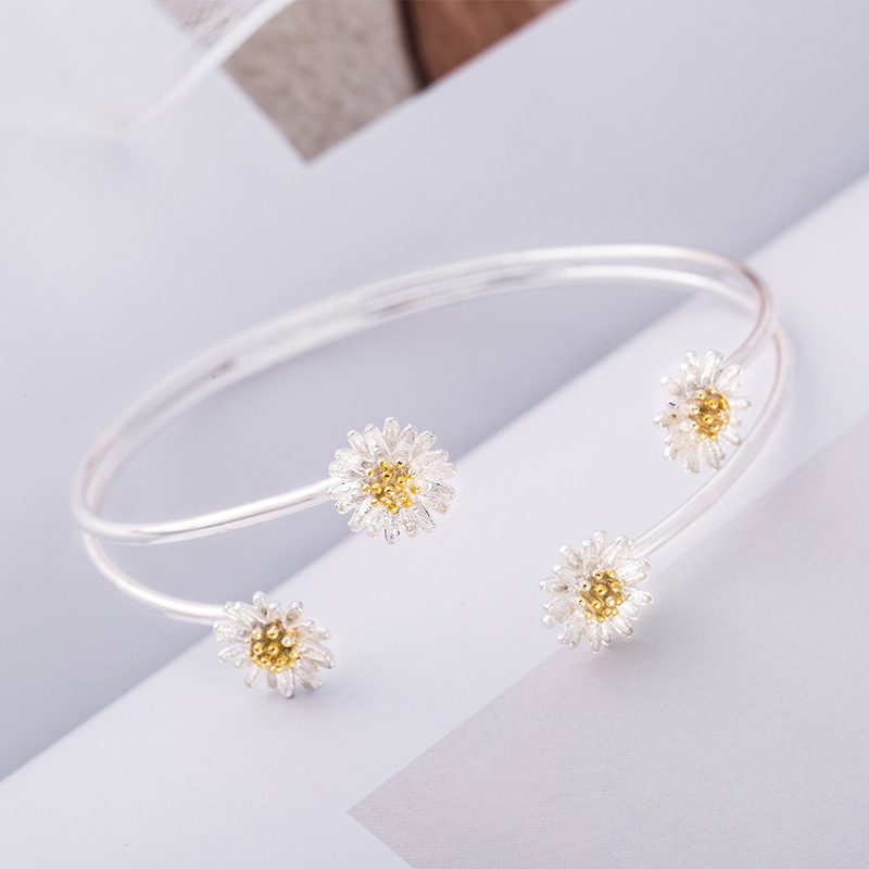 韩版雏菊镀925银仿素银分色镀金手镯女个性清新森系手环潮流批发