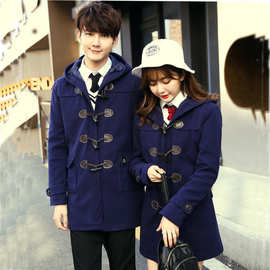 秋冬韩版学生情侣装英伦校服中长毛呢大衣加棉加厚外套牛角扣代发