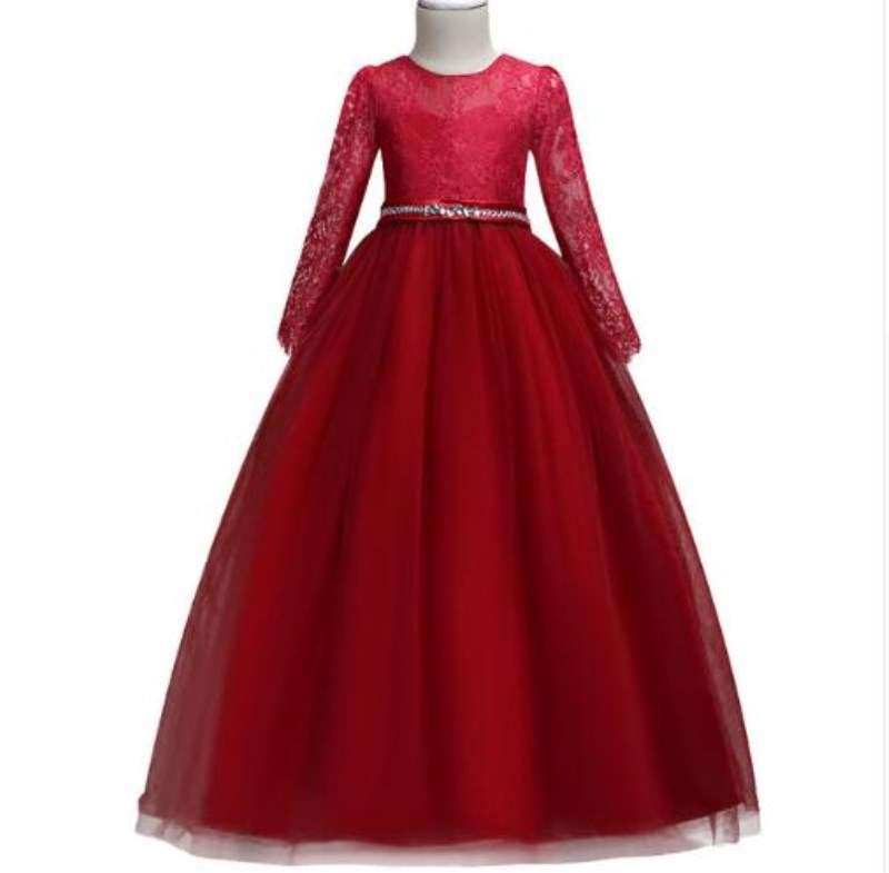 外贸货源长袖女童蓬蓬裙蕾丝带钻婚纱礼服公主裙演出礼服一件代发