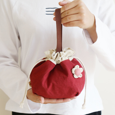 三色补丁花朵束口包 女士杂物袋 零钱收纳小布包夏季新款