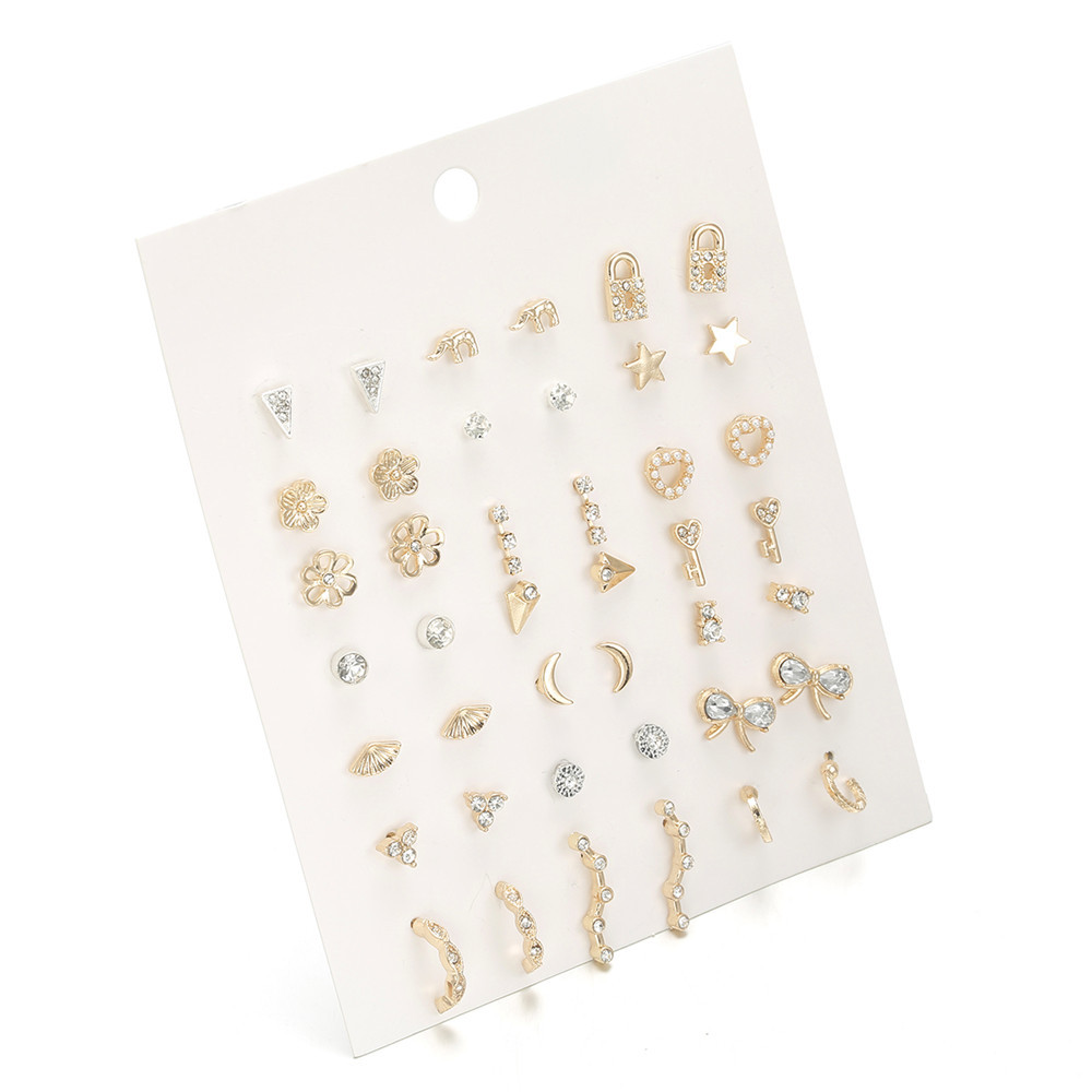 Fashion Rhinestone Pearl Lock Bow Heart Star Earrings 21 Pairs Wholesale Nihaojewelry display picture 6