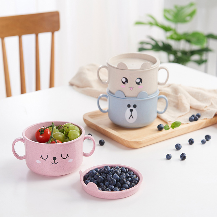 Jinli Japanese Style Simple Cartoon Wheat Straw Plastic Heat Insulated Noodle Bowl Household Bowl with Lid Children's Small Bowl Wheat Fragrant Bowl