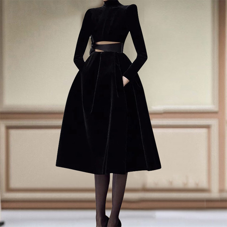 丝绒连衣裙2020春装新款欧美爆款显瘦a字裙气质名媛风网纱礼服女