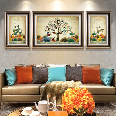 美式歐式客廳沙發背景牆裝飾畫簡歐現代挂畫壁畫玄關有框三聯畫鹿