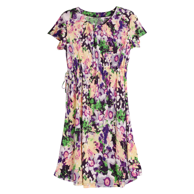 Womens Floral Print Short Sleeve Knitted Silk Dress Loose Fit Adjustable Drawstring Long Length Spring Summer