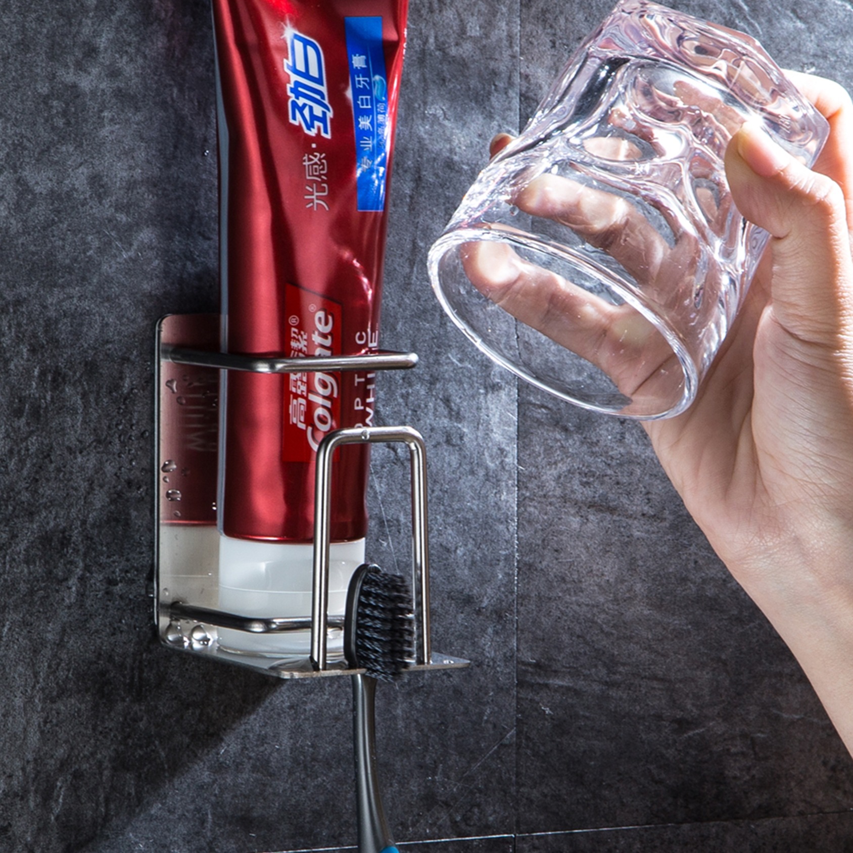 免打孔304不锈钢强力粘胶卫生间洗漱台牙刷牙膏杯架