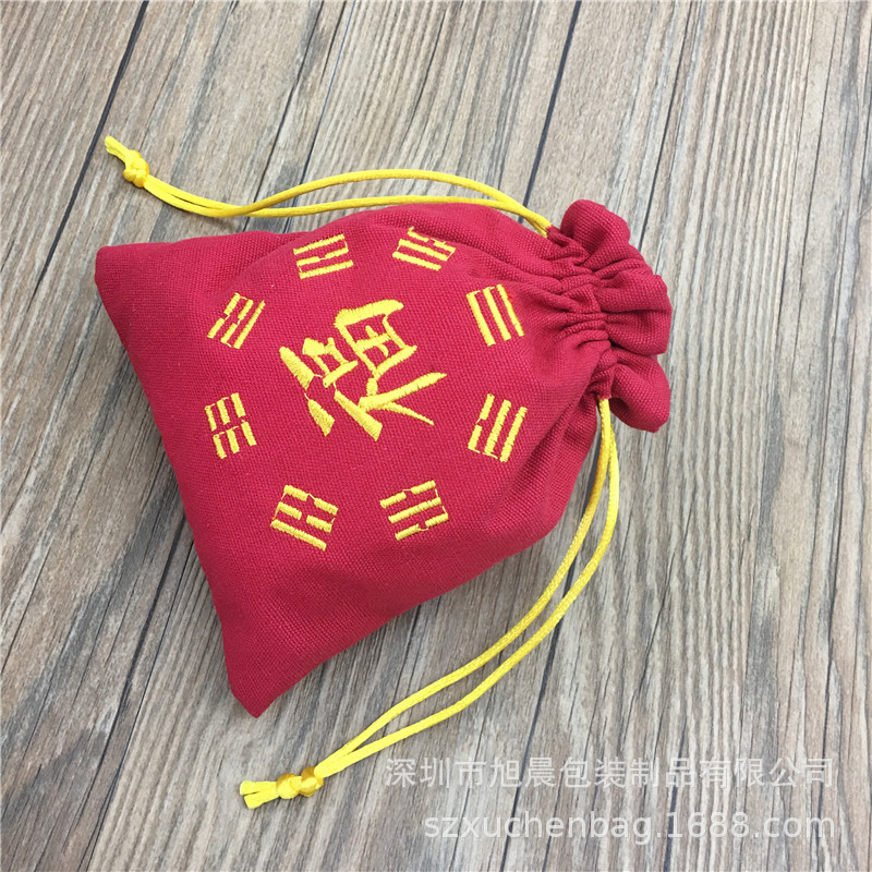 厂家供应金色刺绣红色帆布抽绳福袋 文玩珠宝绒布内衬帆布袋批发