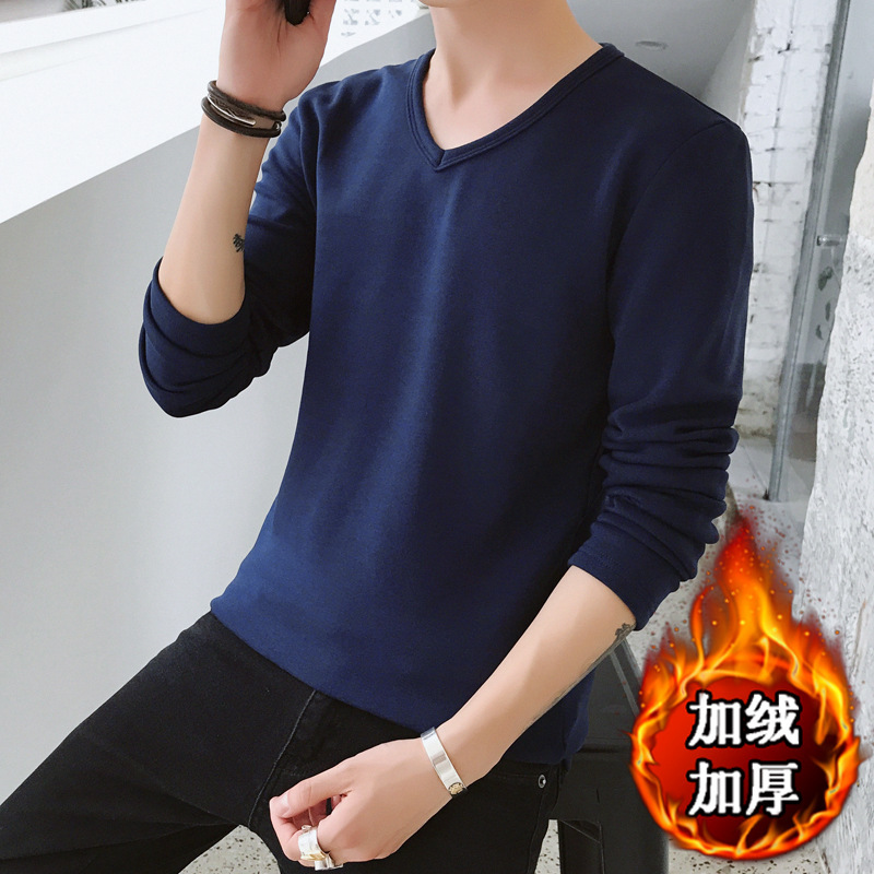 2020男士加绒加厚长袖t恤色打底衫修身冬季男式保暖上衣服批发