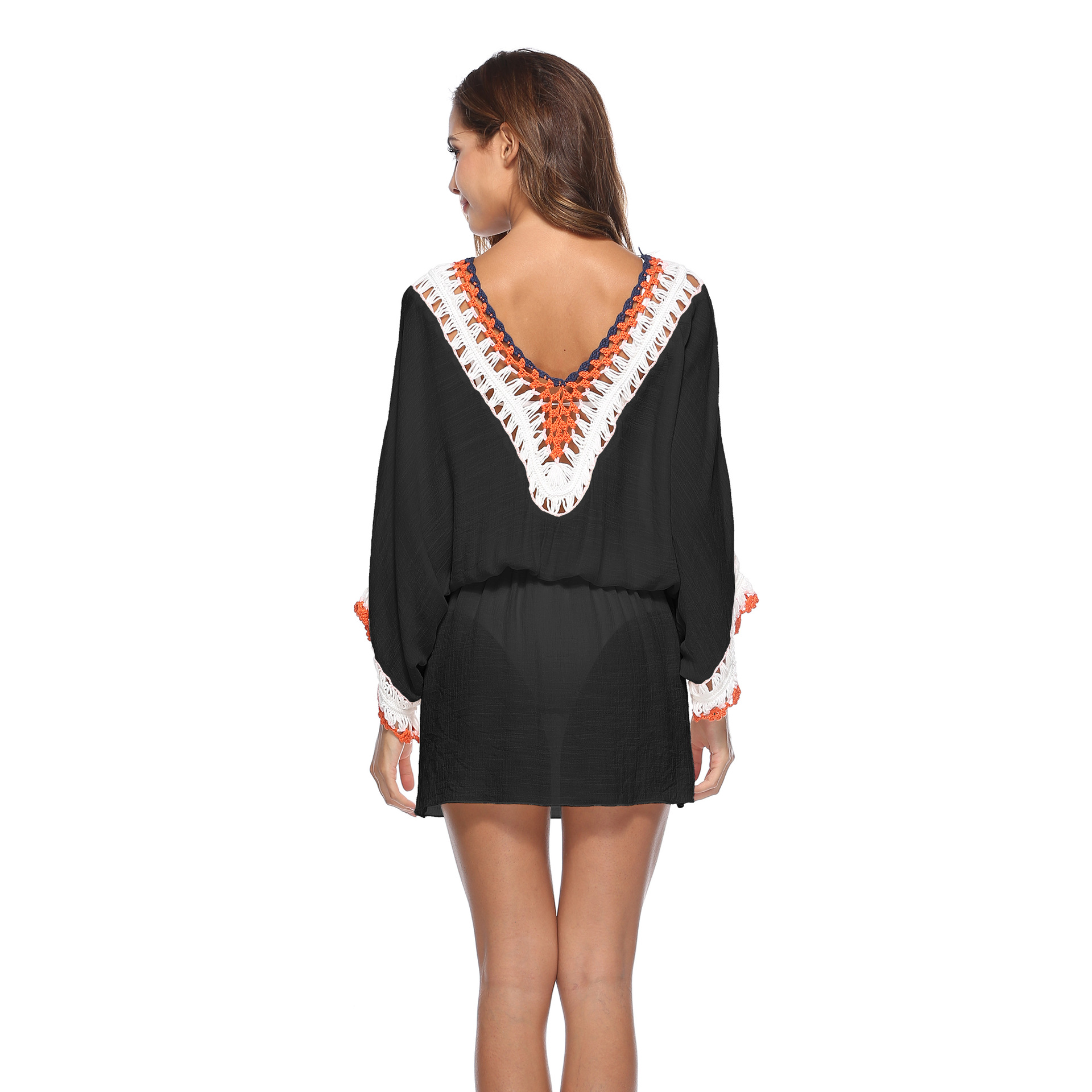 Hand Crocheted Beach Dress V Neck Batwing Sleeves Irregular Hem Sun Protection Cover Up Wholesale Available